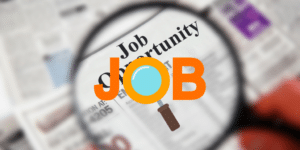 Telangana Job Notification 2025 banner featuring Telangana government buildings, Indian flag, and job-related icons like documents and calendar in a professional blue, white, and saffron color scheme."